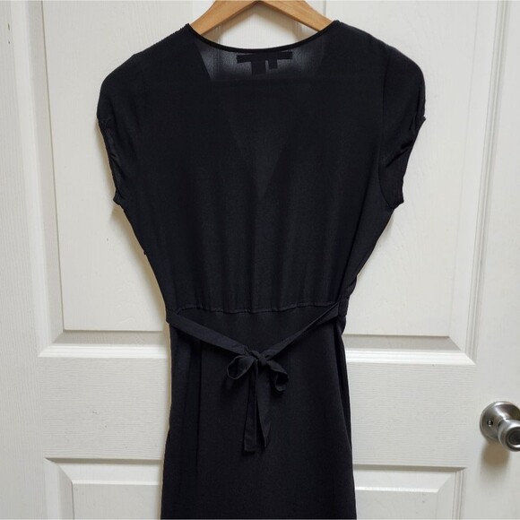 Zara Dress M Black 100% Silk V Neck Tie Back Cap Slv Midi Fitted Sheer Party - Picture 5 of 12